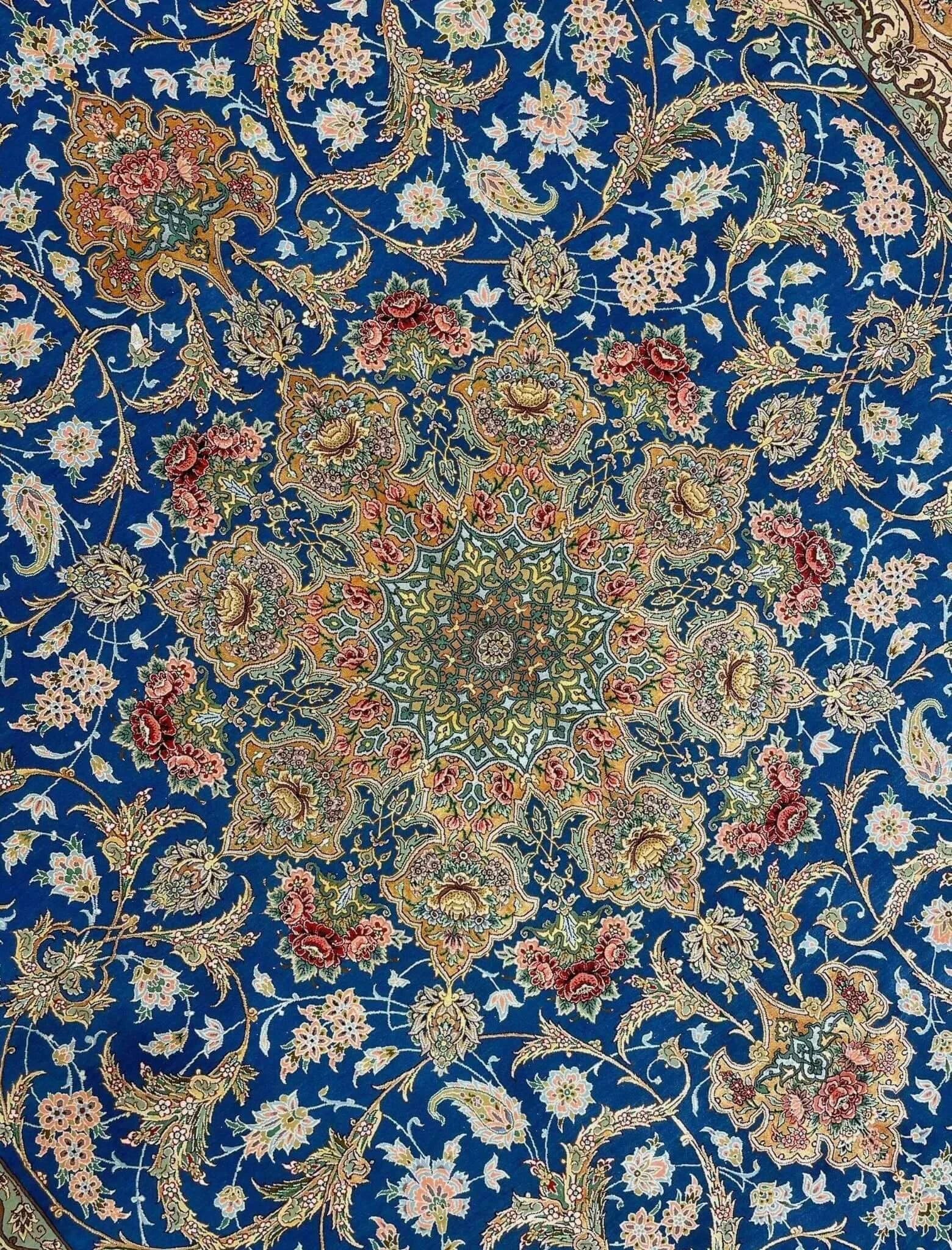 "High-quality hand-knotted silk and wool Isfahan rug with 810,000 knots per square meter."